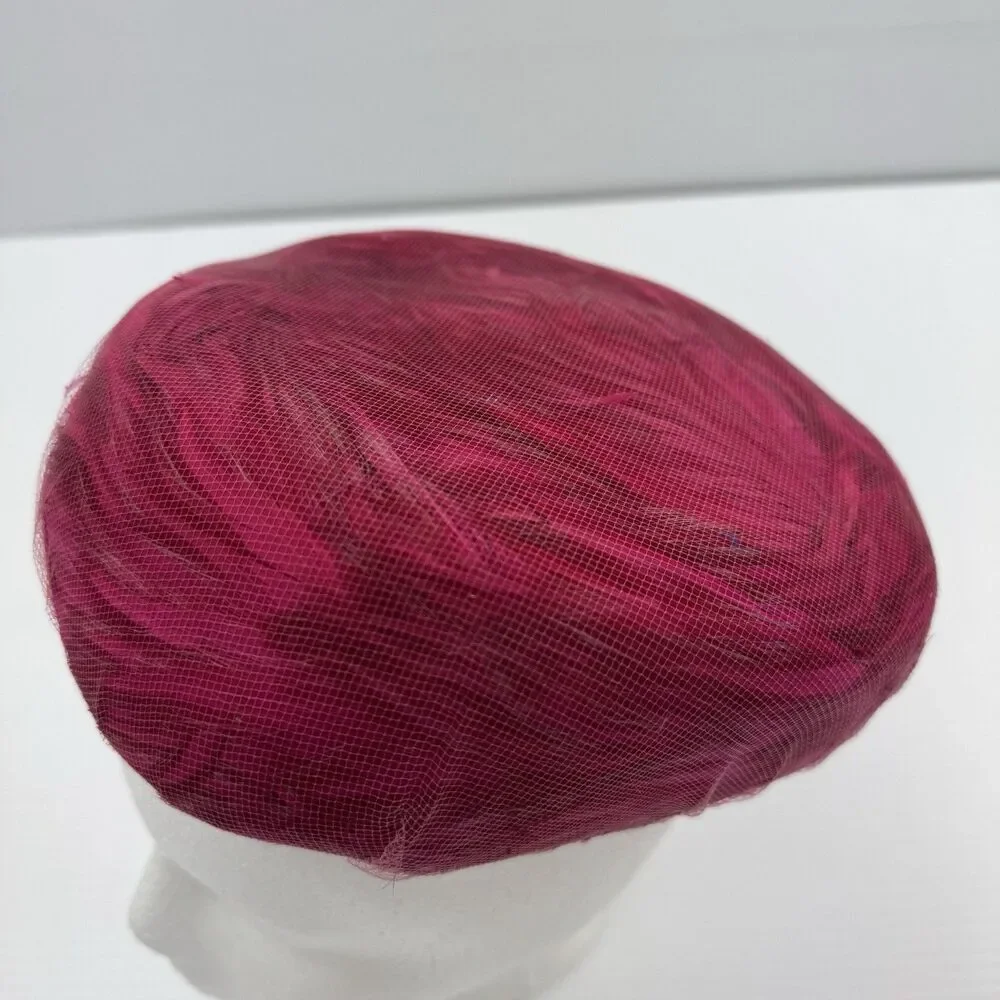 Vintage Pink Feather Fascinator Hat Veil Netting Pillbox Retro Church Small